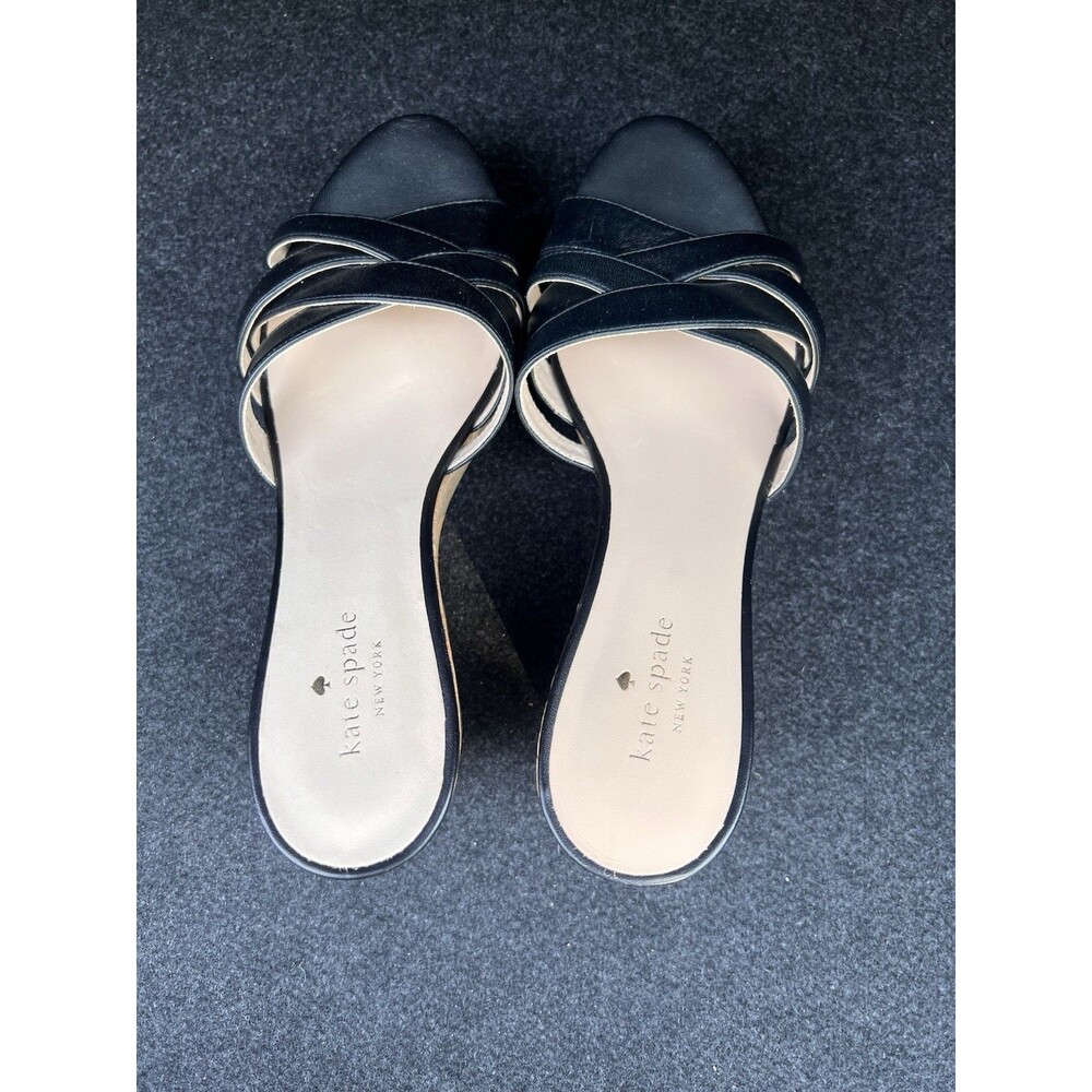 NEW kate spade TALCOTT BLACK CORK ESPADRILLE WEDGE LEATHER SLIDE SANDAL MULE 10M
